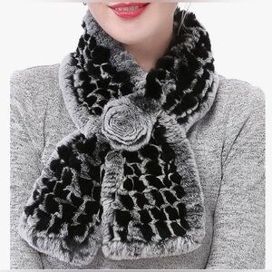 Women's Faux Fur Scarf with Rose Accent - Black & Gray